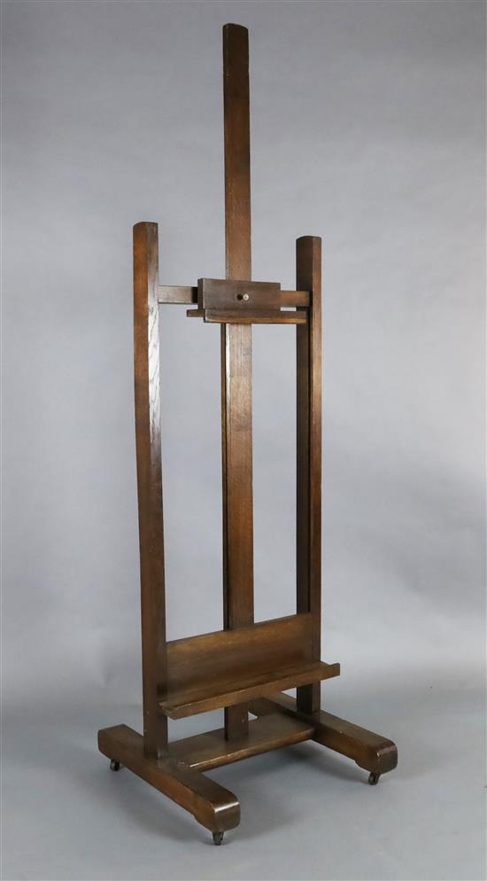 A late Victorian oak artists studio easel, W.2ft H.6ft 8in.